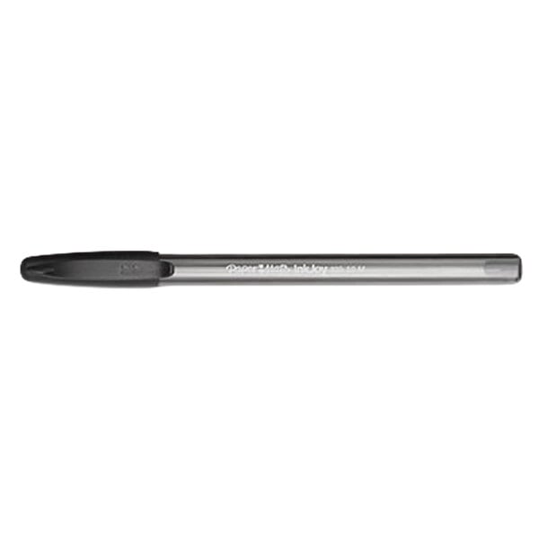 A close-up of a Paper Mate InkJoy 100 black pen with a silver tip.