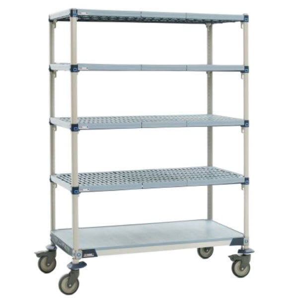 A grey MetroMax Q shelving unit with wheels.