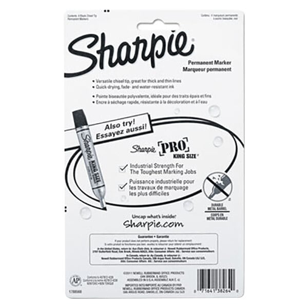 A white package with black text containing 4 Sharpie black chisel tip permanent markers.