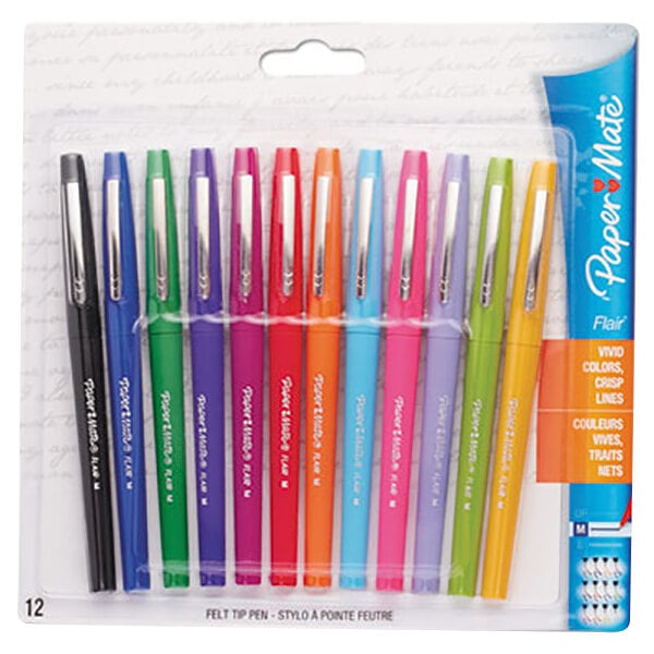 A package of Paper Mate Flair pens with assorted ink and barrel colors.