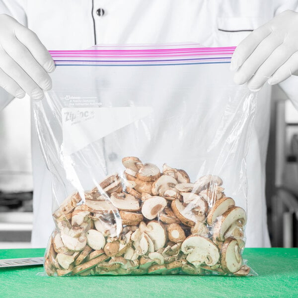 Mushrooms stored in a seal top plastic bag