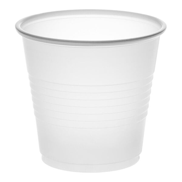 A translucent plastic cup with a rim on a white background.