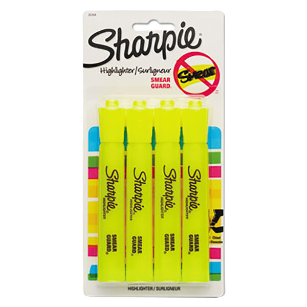 A pack of 4 Sharpie fluorescent yellow highlighters with a yellow label and black text.