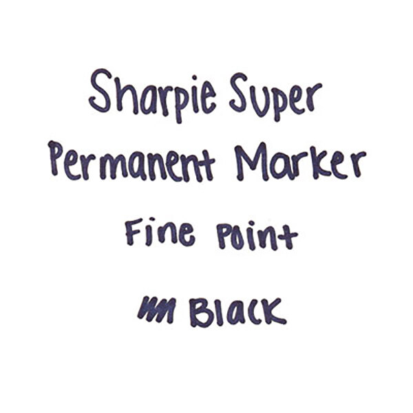 The tip of a Sharpie Super Black Fine Point Permanent Marker writing the word "Sharpie"
