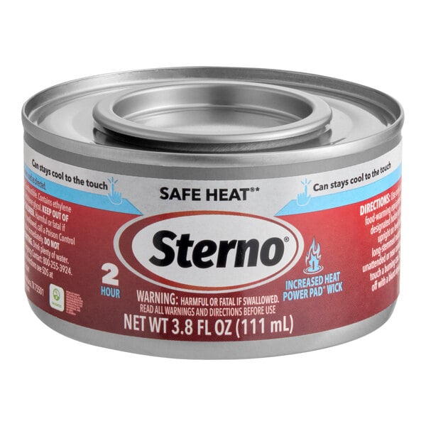 A can of Sterno 2 Hour Safe Heat chafing fuel with Power Pad, containing 3.8 fl oz (111 mL).