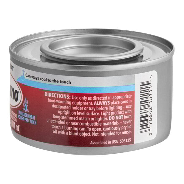 A can of Sterno 2 Hour Safe Heat chafing fuel with a power pad.