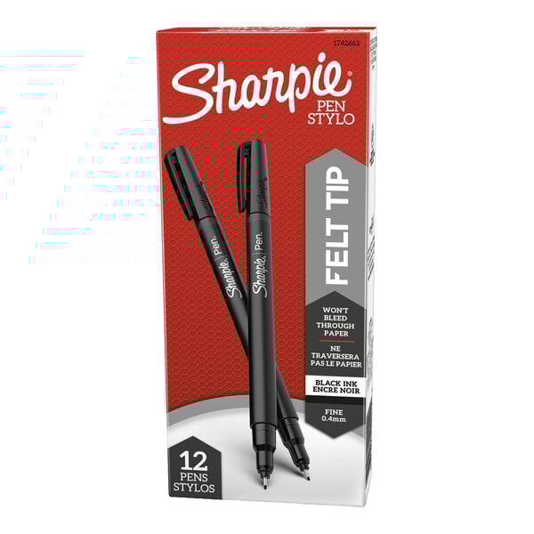 A box of 12 Sharpie black ink felt tip pens with a 0.4mm fine point and gray/black barrels.