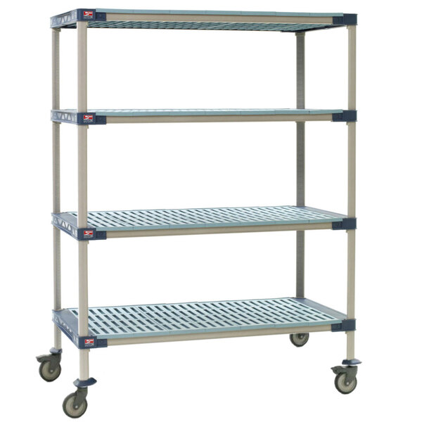 A MetroMax 4 metal shelving unit with wheels.