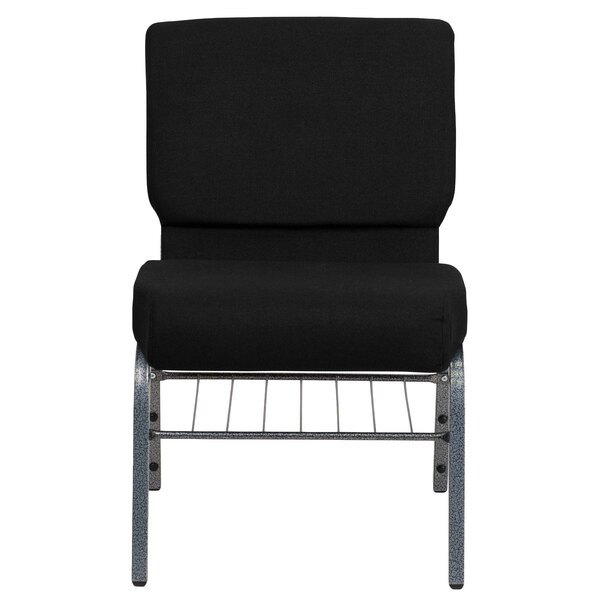 A Flash Furniture black church chair with metal legs and a metal rack.