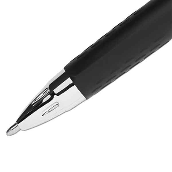 A close-up of a black and silver Uni-Ball Signo Gel Pen.