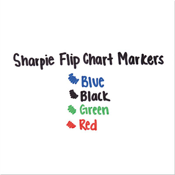 Sharpie 22474 assorted flip chart markers with colored writing on a white background.