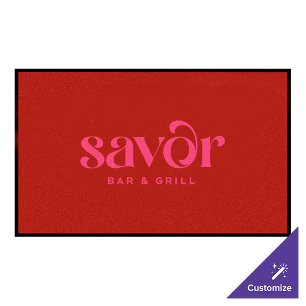 A white rectangular Notrax carpet entrance mat with a red and white rectangular sign that says "Savor Bar and Grill" in pink letters.