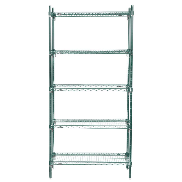 A green Metro stationary wire shelving unit with four shelves.