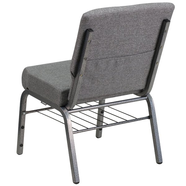 A Flash Furniture gray church chair with a metal frame.