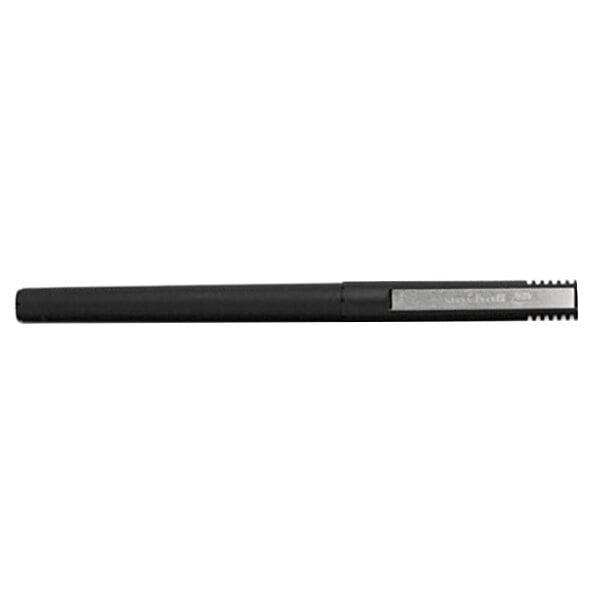 A Uni-Ball black rollerball pen with a black barrel and silver tip.