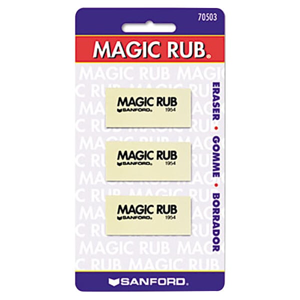 A pack of three Sanford Magic Rub white vinyl erasers.