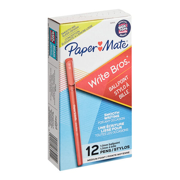 A box of 12 Paper Mate red ink pens with red barrels.