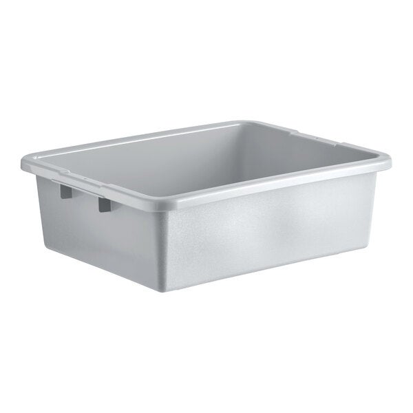 A gray high density polyethylene bus tub measuring 21 inches by 17 inches by 7 inches.