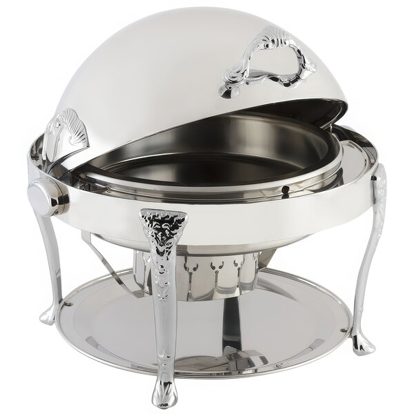 A silver Bon Chef round chafing dish with a lid and stand.