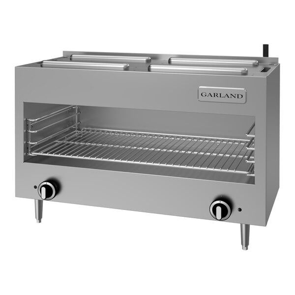 A stainless steel countertop infrared cheese melter with control knobs and a wire rack, designed for commercial kitchen use.