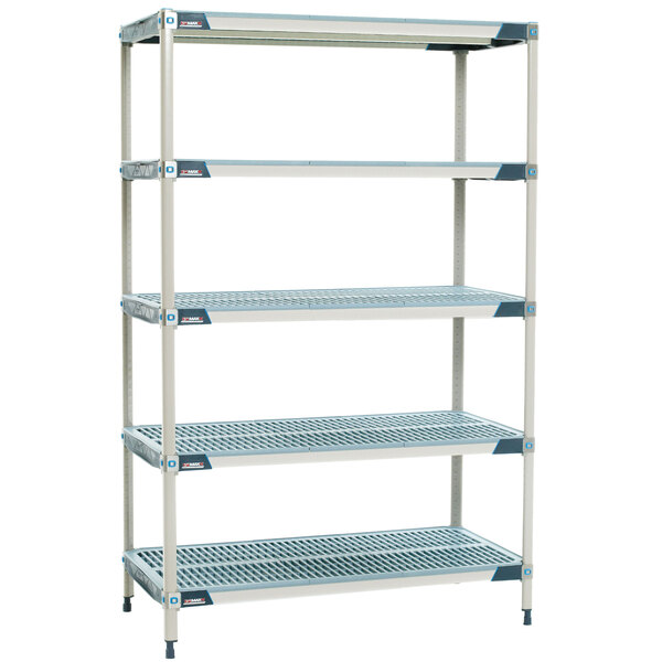 A white MetroMax i polymer shelving unit with blue shelves.