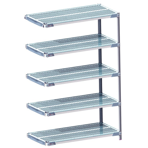 A MetroMax metal shelving unit with four shelves.