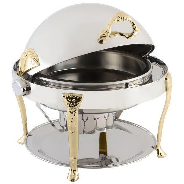 A Bon Chef stainless steel chafer with gold accents on a table.