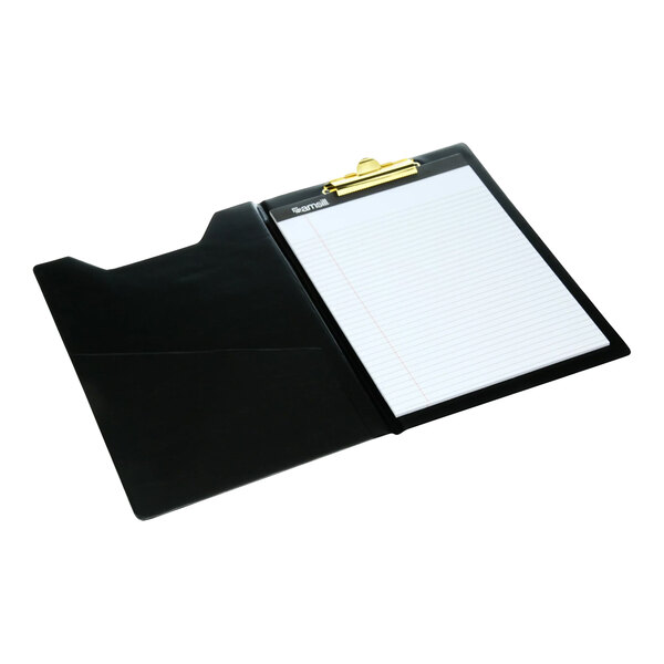 A Samsill black vinyl padfolio with a brass clip holding a piece of paper.