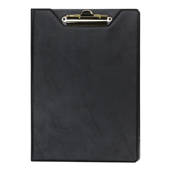 A black vinyl Samsill padfolio with brass clip on a table.