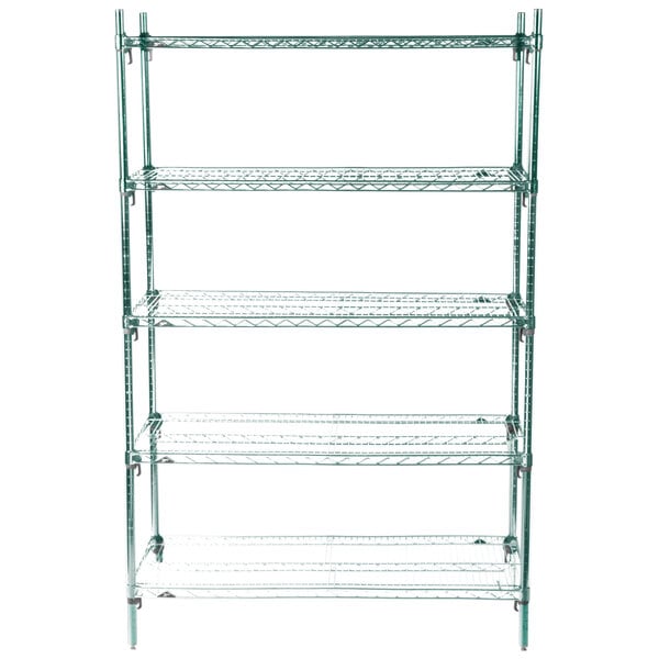 A green Metro Super Erecta wire shelving unit with four shelves.