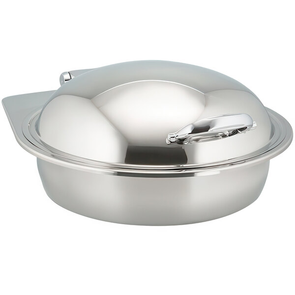 A Bon Chef stainless steel round chafer with a hinged lid.