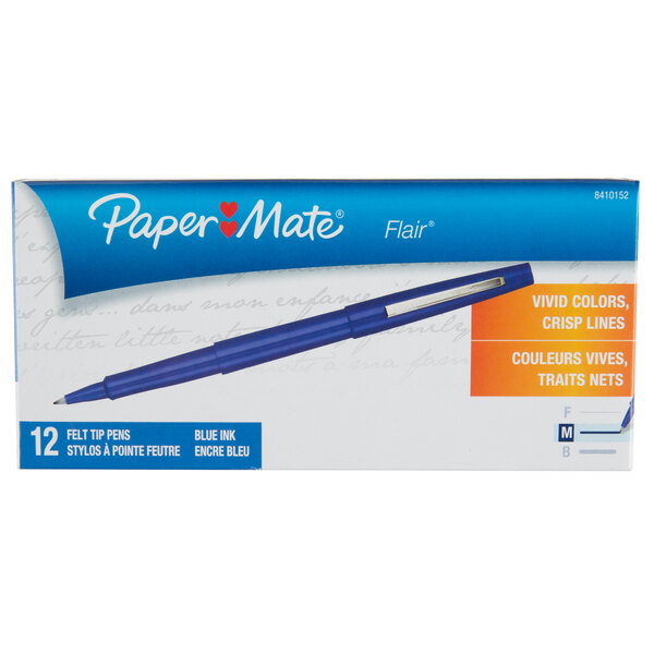 A blue Paper Mate Flair pen with a blue label in a box.