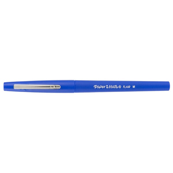 A blue Paper Mate pen with white writing on it.