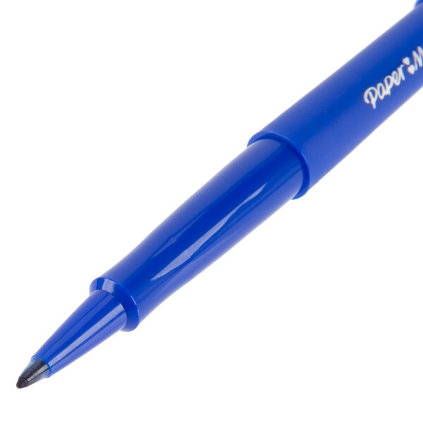 A close-up of a blue Paper Mate Flair pen tip.