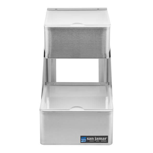 A San Jamar stainless steel condiment bar with two compartments and notched lids.