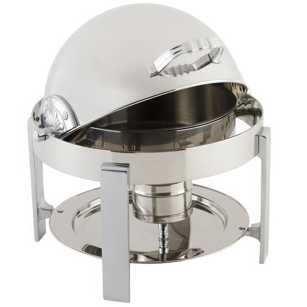 A Bon Chef stainless steel round chafing dish with a lid.