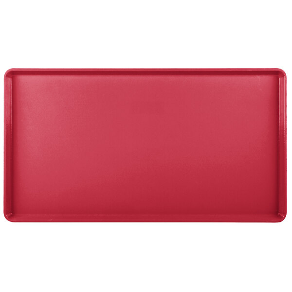 A red rectangular Cambro dietary tray with a white border.