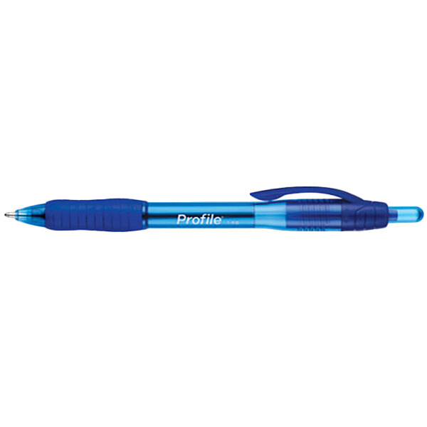 A Paper Mate blue pen with a blue translucent barrel and blue ink.