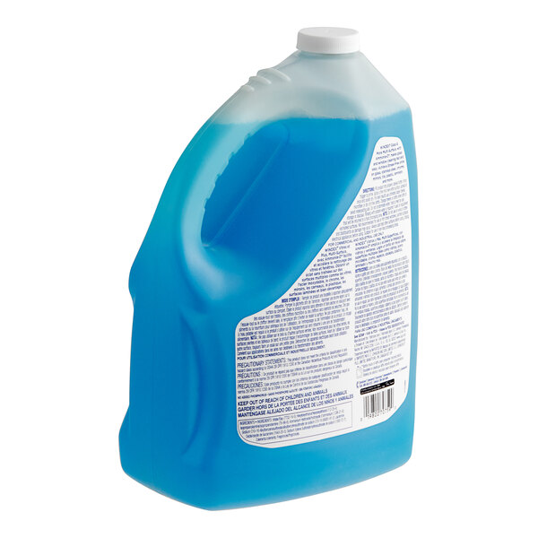 A gallon of blue Windex liquid in a plastic container.
