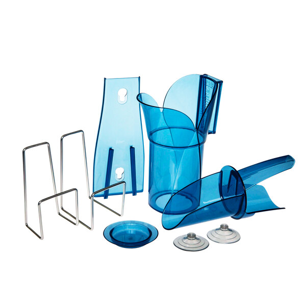 A blue plastic container with a blue plastic ice scoop holder inside.