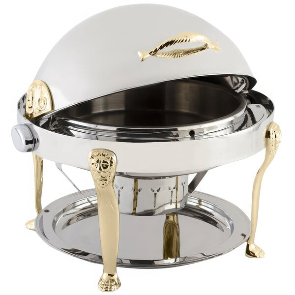 A Bon Chef stainless steel chafer with gold accents.