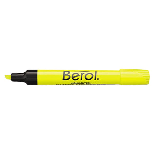 A Berol fluorescent yellow highlighter pen with chisel tip.