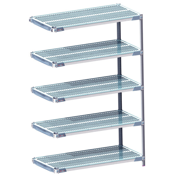 A MetroMax i metal shelving unit with four shelves.