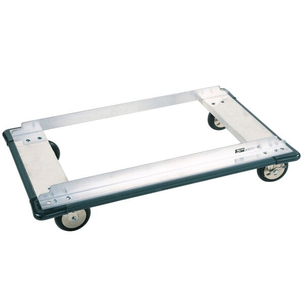 A metal Metro truck dolly with black wheels.