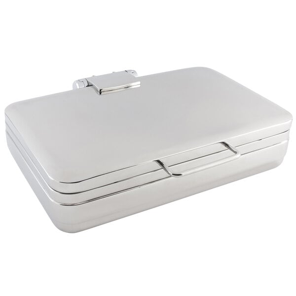 A silver rectangular container with a handle.