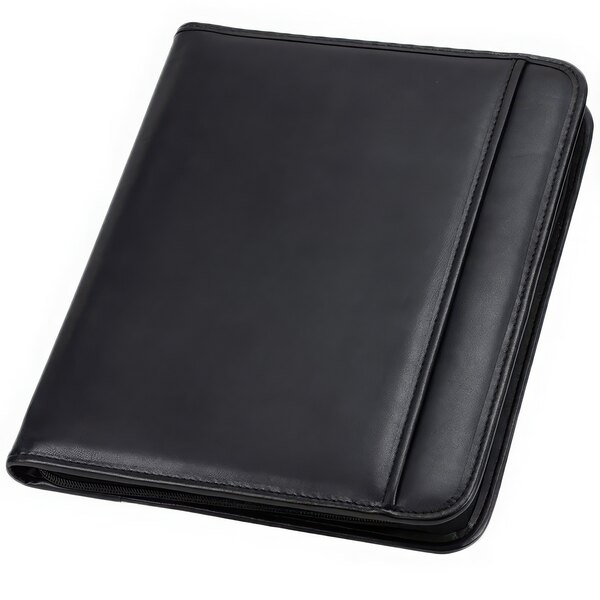 A black leather Samsill pad holder with a zipper.