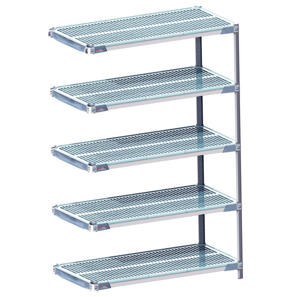 A MetroMax i metal shelving unit with four shelves.