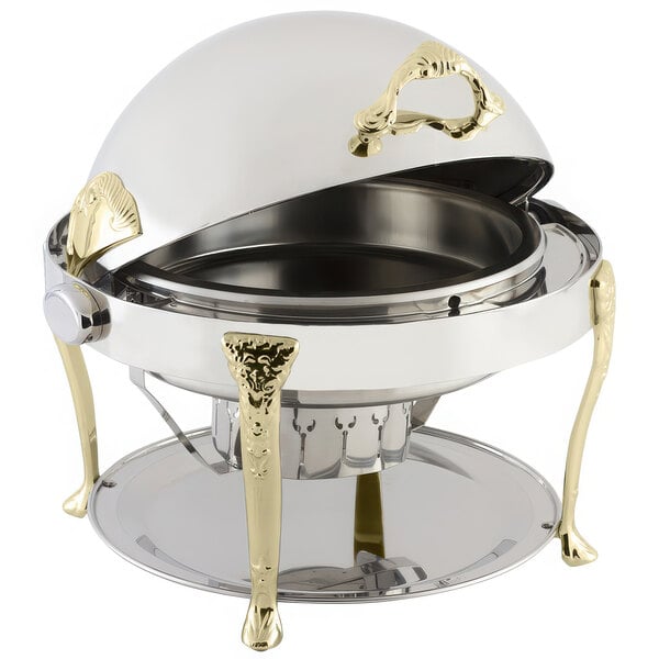 A Bon Chef stainless steel chafer with brass accents and a lid.