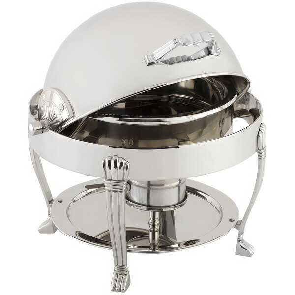 A silver Bon Chef Petite roll top chafer with a lid on a table.