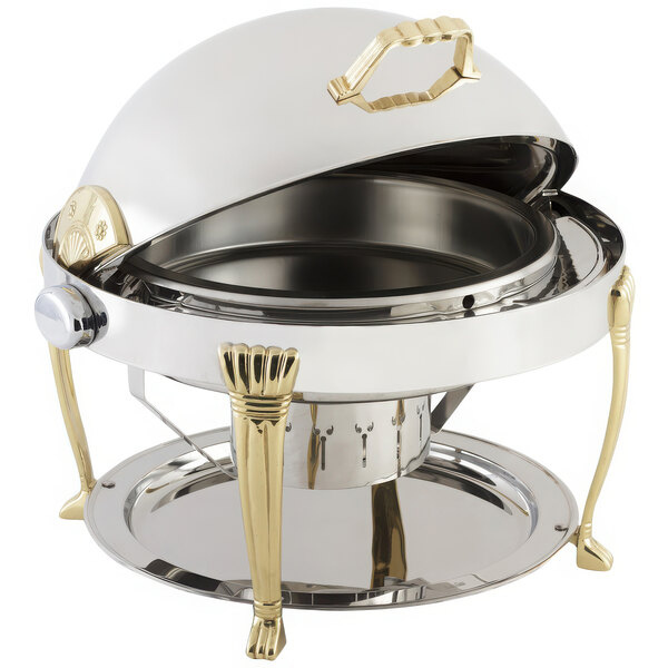 A Bon Chef stainless steel chafing dish with brass accents and a silver base with gold trim.